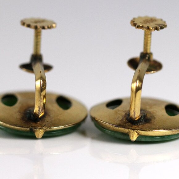 VINTAGE JADE GREEN 16MM 14K YELLOW GOLD DISC SCREW-ON EARRINGS - Picture 7 of 12